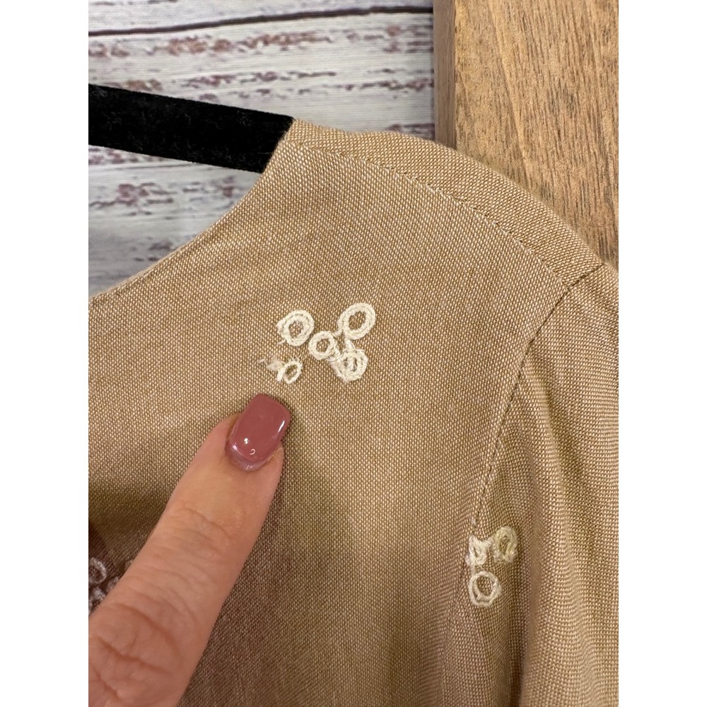 Sundance Embroidered Eyelet Boho Shift Dress Tan Cotton Bell Sleeve Petite 10 - Picture 8 of 14